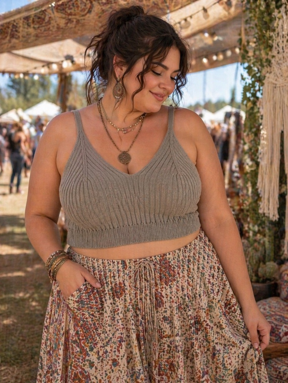 Festival boho Knit V-Neck Ribbed Cropped Tank Top - Gray